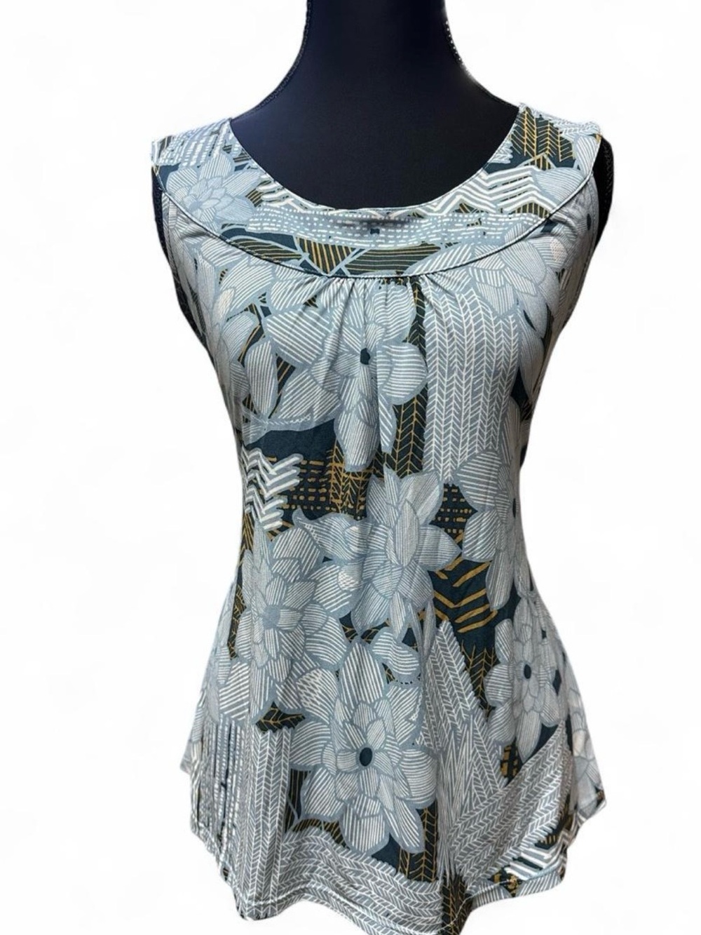 Liz & Co Floral Sleeveless Tunic Top Size Large Blue Stretch Blouse Fairy Y2K